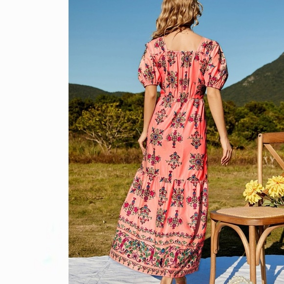 Luna Tuccini Floral Puff Sleeve Ruched Maxi Dress Small - Picture 3 of 7
